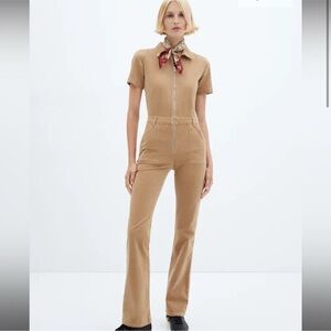 Mango Tan Camel Short-Sleeve Zip-Front Jumpsuit